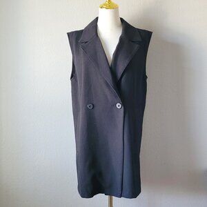 Black Sleeveless Blazer Vest, Double Breasted Longline Jacket, Office Chic